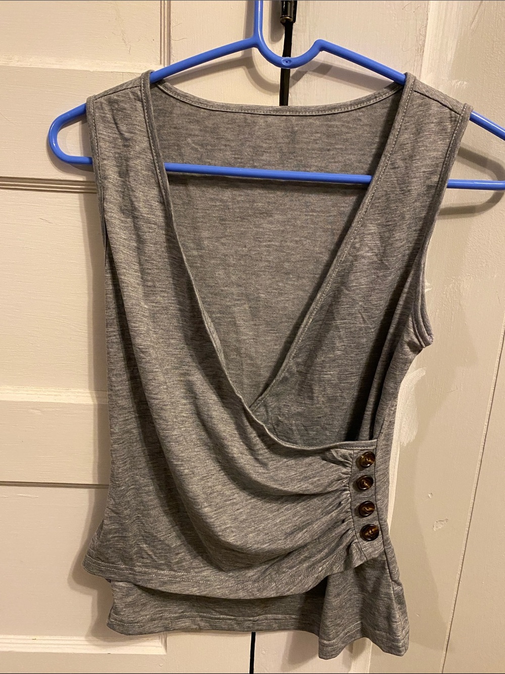 Women's Gray Draped Wrap Tank Top with Side Button Detail
